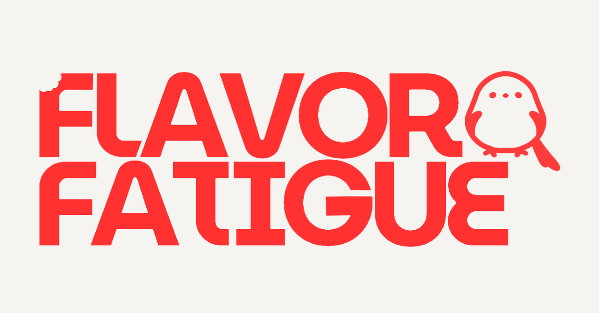 Flavor Fatigue logo in bold red letters with cute mascot character on warm beige background