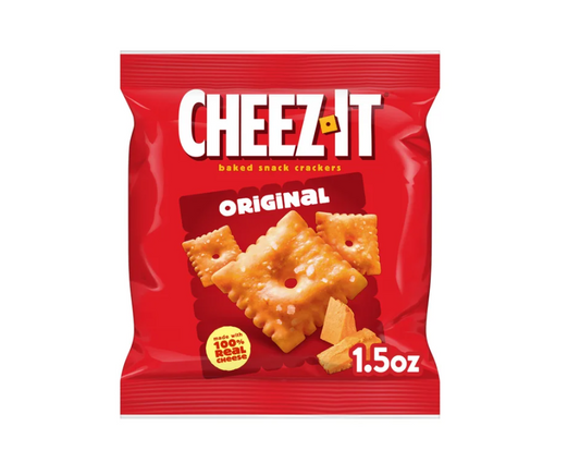 Red package of Cheez-It Original crackers on a white background