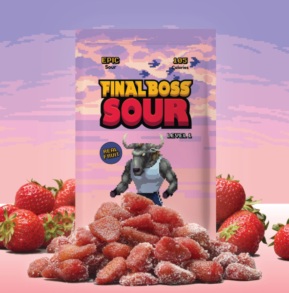 Packaging of 'Final Boss Sour' candy with strawberries on a colorful background